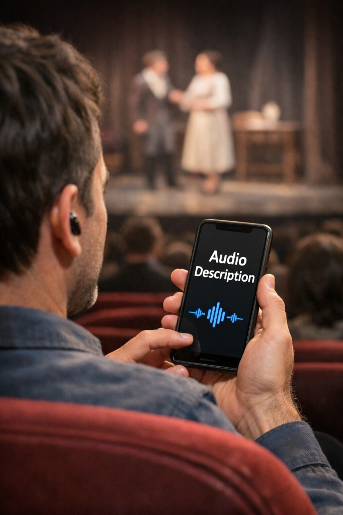 Espectador al teatre amb el mòbil per seguir l’audiodescripció en directe, amb auricular.