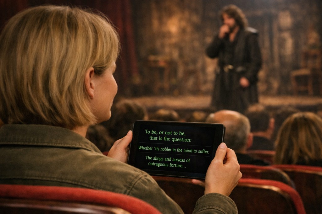 Espectadora al teatre seguint subtítols en directe en una tauleta.