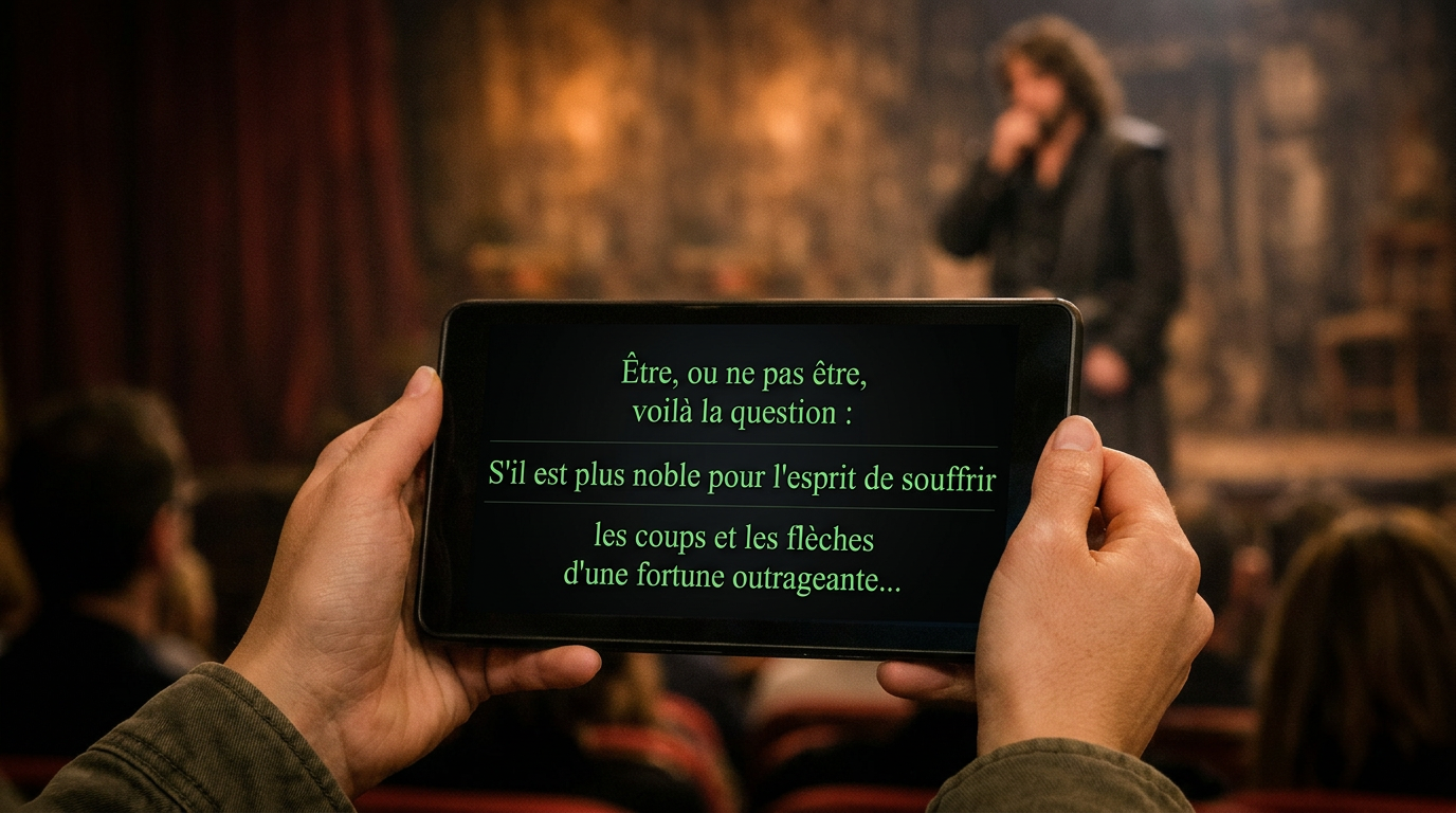 Espectadora al teatre seguint la traducció a la pantalla d’una tauleta.